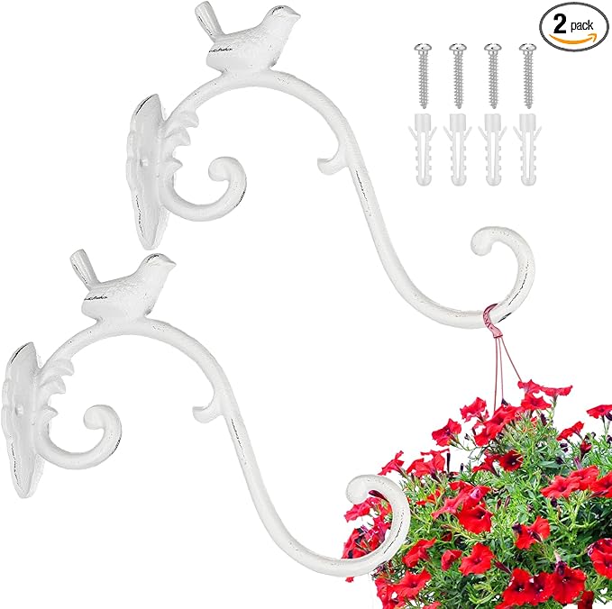 Moxweyeni 2 Pcs Cast Iron Plant Hangers Outdoor 10" Heavy Duty Hanging Basket Brackets Lovely Bird Shape Decorative Wall Hangers for Flower Pots Bird Feeder Wind Chime Lantern(White)
