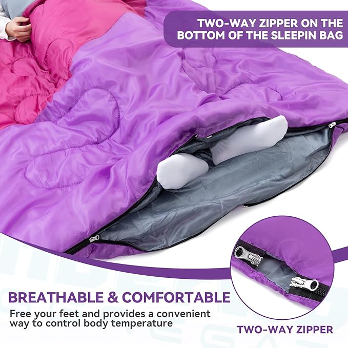Double Sleeping Bag for Adults Kids - Lightweight 2 Person Sleeping Bag with Pillow, Queen Size Waterproof Camping Sack Two Person for Girls, Boys, Youths, Teens, Compact for Cold Weather & Warm