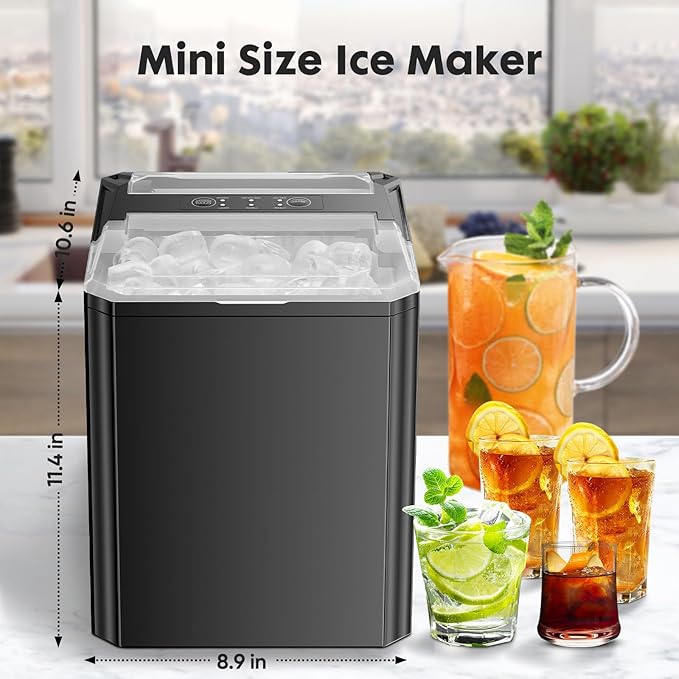 DUMOS Countertop Ice Maker, Portable 1.5L Ice Machine with Self-Cleaning, 26.5lbs/24H Fast Ice Making, 9 Bullet Ice Cubes in 6 Mins, 2 Size Options, Quiet Compact Ice Maker, Black