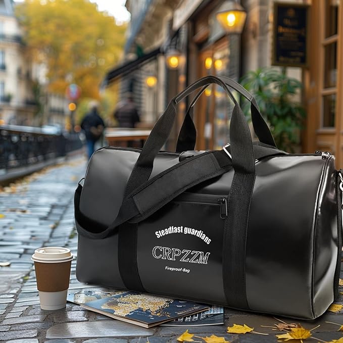 fireproof waterproof travel duffle bag,fireproof bag with lock，Waterproof is suitable for indoor storage, travel, camping and other scenarios (black, 17 * 10 * 8.6 inch)