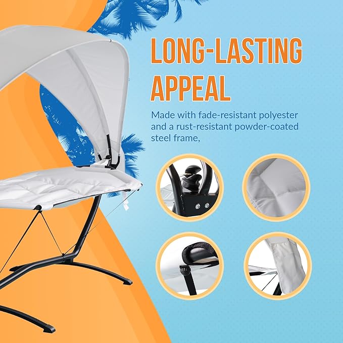 Island Retreat Sea Breeze Steel Frame Hammock Lounge Chair with Canopy - Luxury Shaded Hammock with Stand for Outside - Boho Style Beach Chair with Adjustable & Removeable Canopy - Black & Champagne