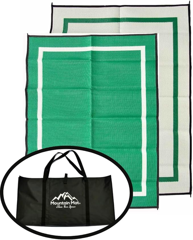 5x7 Green Outdoor RV Mat with Carry Bag – Extra Thick 5mm Recycled Poly Rug – Waterproof, Heavy-Duty, Reversible – Luxury Camping Mat for Patio, Beach, Deck (Green with Carry Bag, 5'x7')