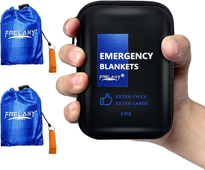 Frelaxy Emergency Blanket 2-Pack/4-Pack, Extra-Thick Extra-Large Space Blankets with Whistles, Storage Pouchs, and EVA case