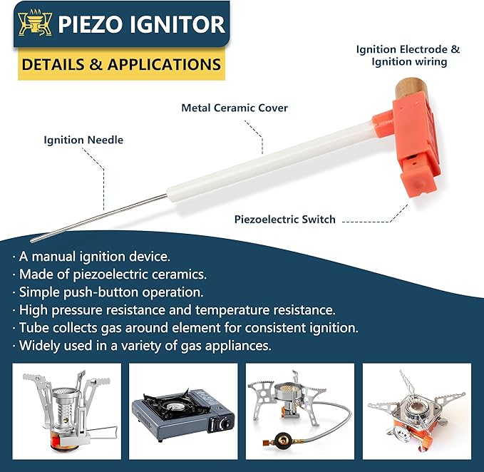 Piezo Ignitor Piezo Spark Ignition Kit Electrode lgniter and Brass Jet Nozzle Misting Nozzle LPG Gas Orifice Pipe Replacement for Camping & Backpacking Stove Burner Heater （4 Pack)