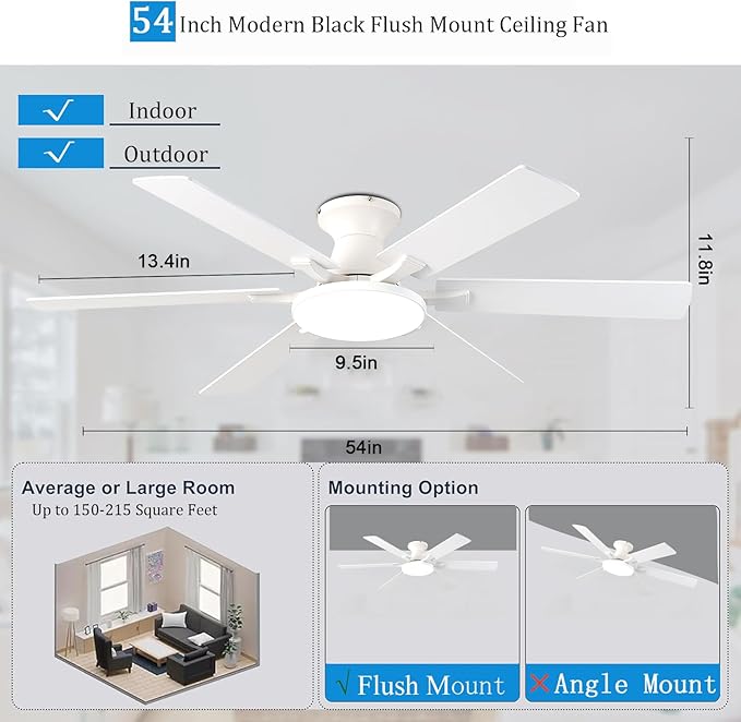 Ceiling Fans with Lights,54 Inch Low Profile Ceiling Fan with Light and Remote Control,6 Speeds/6 Blade,Flush Mount,LED Dimmable DC Reversible Modern, White Ceiling Fan for Bedroom/Living Room