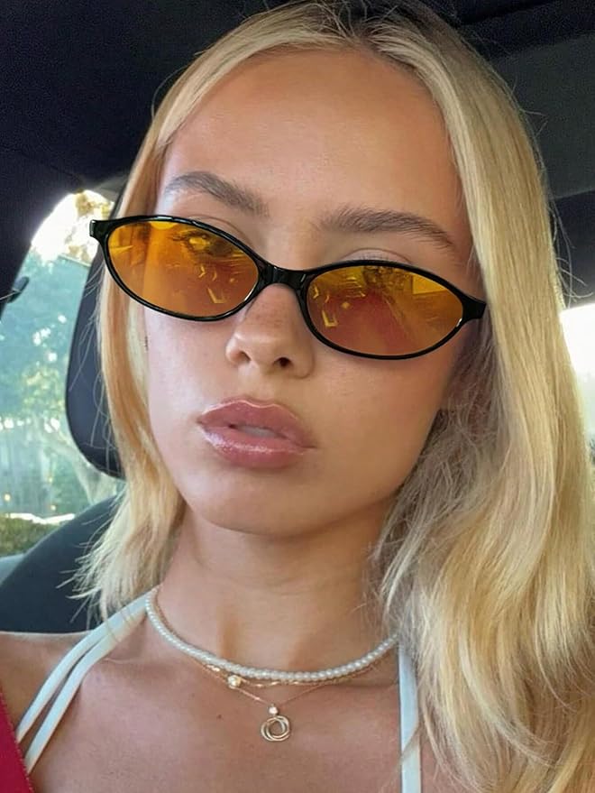 Retro Oval Sunglasses for Women Chic Cat Eye 90s Sunnies Lightweight Narrow Shades Trendy UV protection Sun Glasses