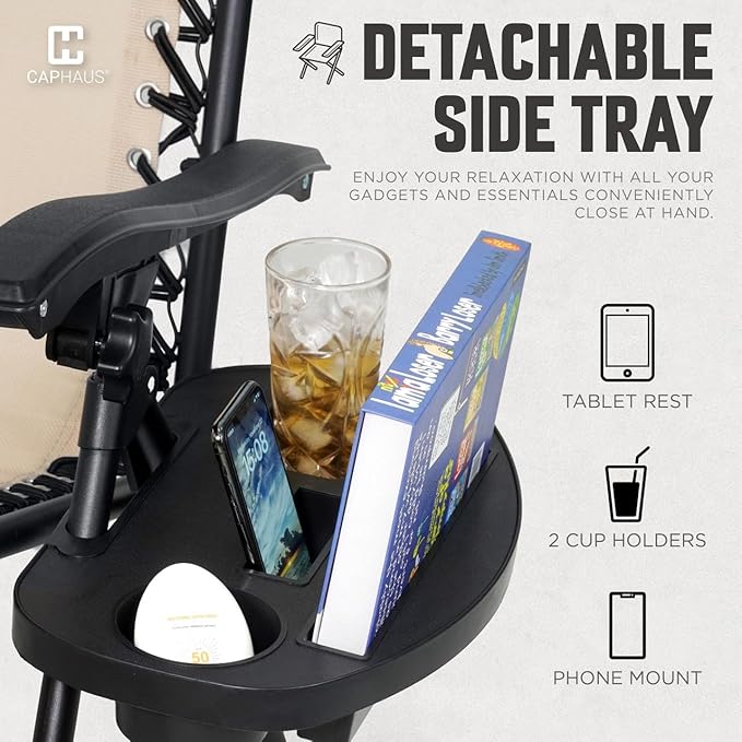 CAPHAUS Beige Zero Gravity Reclining Lounge Outdoor Chair, Zero Gravity Recliner, Anti-Gravity Chair for Indoor & Outdoor, Folding Reclining Chair w/Side Tray, Beige