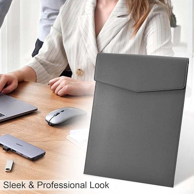 VANRA 1 Piece PU Leather File Folder Vertical A4 Document Holder File Envelope Waterproof Leather Portfolio Case Filing File Organizer for Letter Size with Magnetic Button Closure (Grey)