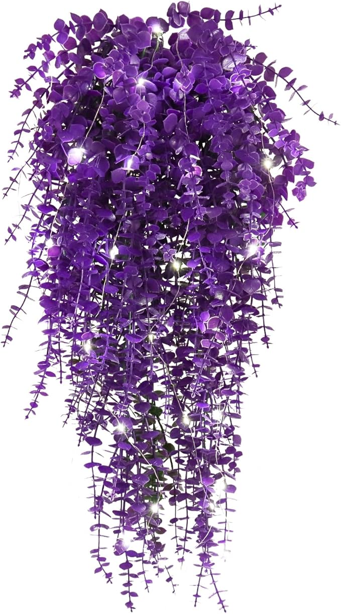 Artificial Plants Lighted Artificial Hanging Plants Fake Money Plants Outdoor UV Resistant Plastic Plants Fake Plants for Outside Home Garden Wedding Party Indoor Backgarden Decorations(Pure Purple)