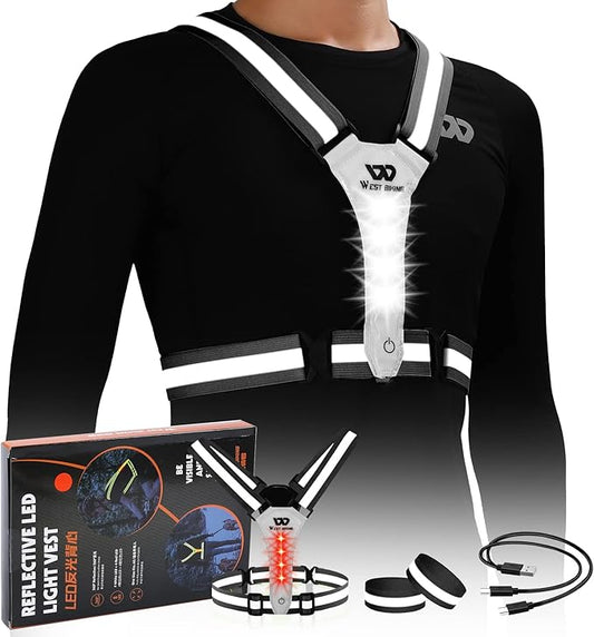 West Biking Running Vest Light - Led Running Reflective Gear for Walking at Night, High Visibility Night Rechargeable Light Up Running Vest, Adjustable Running Lights for Runners