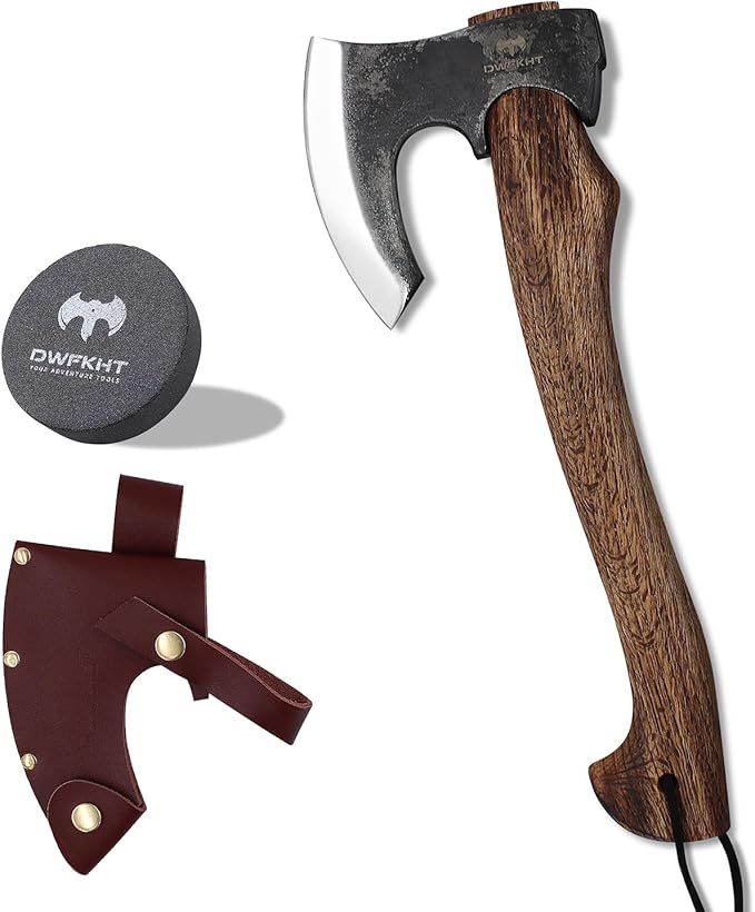 Hatchet Axe, 15.7" Camping Hatchet with Leather Sheath, Bushcraft Axe with 1065 Carbon Steel & Beech Handle, Survival Axe for Wood Splitting and Chopping - Perfect for Gardening and Outdoor