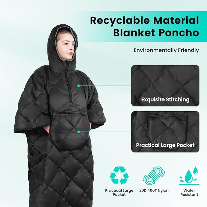 Wearable Camping Blanket Honcho Poncho - Stadium Blanket, Sleeping Bag for Adults, Packable Ultralight Warm & Waterproof for Cold Weather,Sports, Outdoor Camping, Hiking - Black