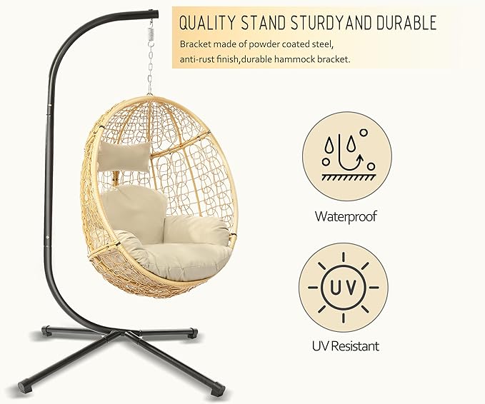 DoubleTT Indoor/Outdoor Wicker Swing Egg Chair Hammock Hanging Chair Nest Basket with Stand, UV Resistant Removable & Washable Cushions,350LBS Capacity for Bedroom, Balcony, Garden (Yellow and Beige)