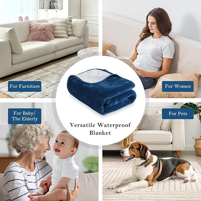 SOCHOW Waterproof Blanket for Bed Sofa Couch, Water Resistant Blanket Washable 80"x90", Reversible Leakproof Bed Cover for Adults Elderly Pets, Navy Blue & Light Grey