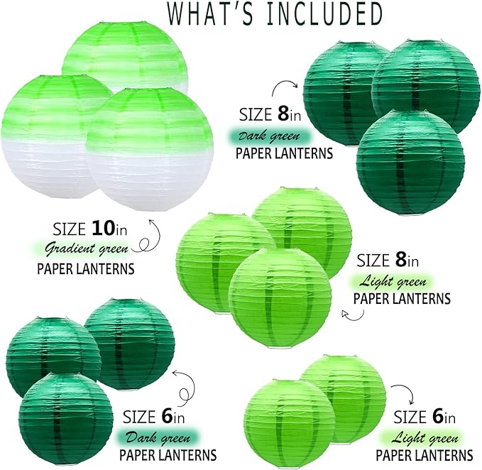 14 PCS Paper Lanterns, Gradient Colorful Green Round Paper Lanterns Decorative Lantern Lamps, Hanging Chinese Lanterns Indoor Room & Outdoor Party Supplies Decoration