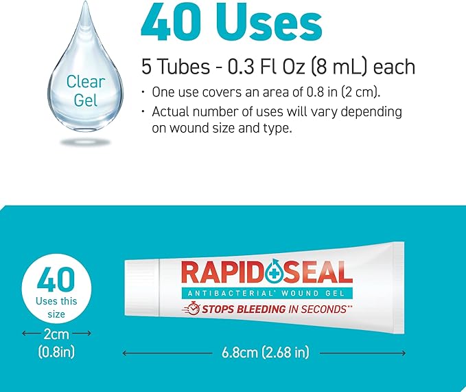 Wound Gel (5 Tubes) | Stops Bleeding in Seconds, Ideal for Cuts, Scrapes and Razor Nicks for Emergency First Aid Supplies