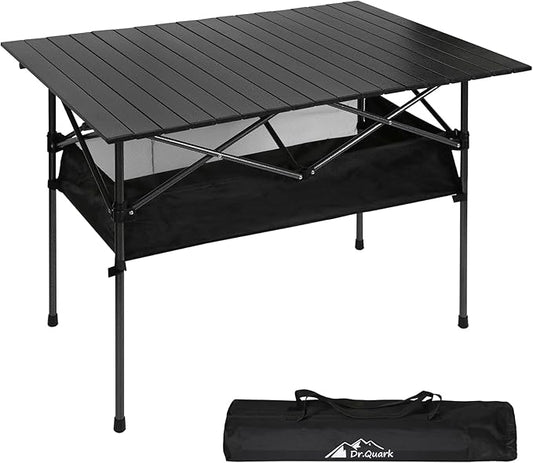 Dr.Quark Camping Table 41.4''x 28.4'' Ultra Compact Aluminum Folding Camping Table with Large Storage Roll Up Portable Camping 4-6 Person Foldable Camp Table with Carry Bag