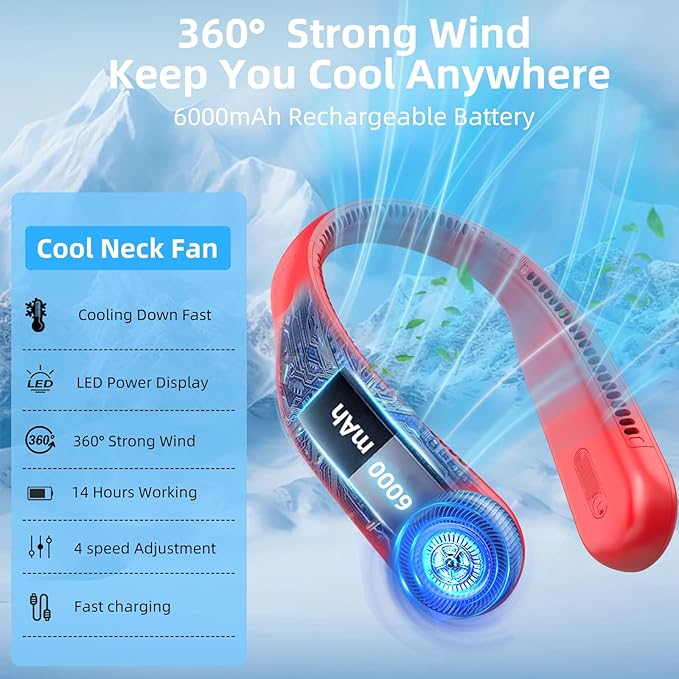 Portable Neck Fan,Gift Ideas,Personal Wearable Bladeless Fan,360° Cooling,LED Display,4-Speeds,6000mAh Rechargeable,Powerful Wind,Outdoor Travel Camping,Birthday Gifts for Men Women Dad Mom (Red)