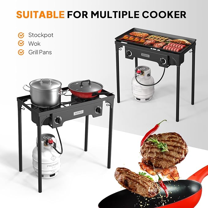 ROVSUN 2 Burner Outdoor Propane Gas Stove 150,000 BTU High Pressure Stand Cooker for Backyard Cooking Camping Home Brewing Canning Turkey Frying, 20 PSI Regulator