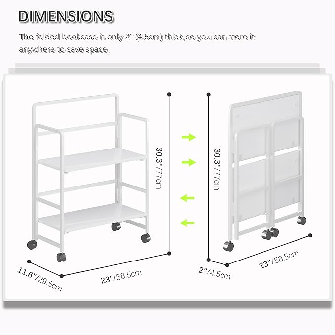 4NM 2 Tiers No-Assembly Folding Bookshelf with Wheels, Portable Rolling Storage Foldable Bookcase & Compact Side Table for Living Room, Bedroom, Kitchen, Bathroom (All White)
