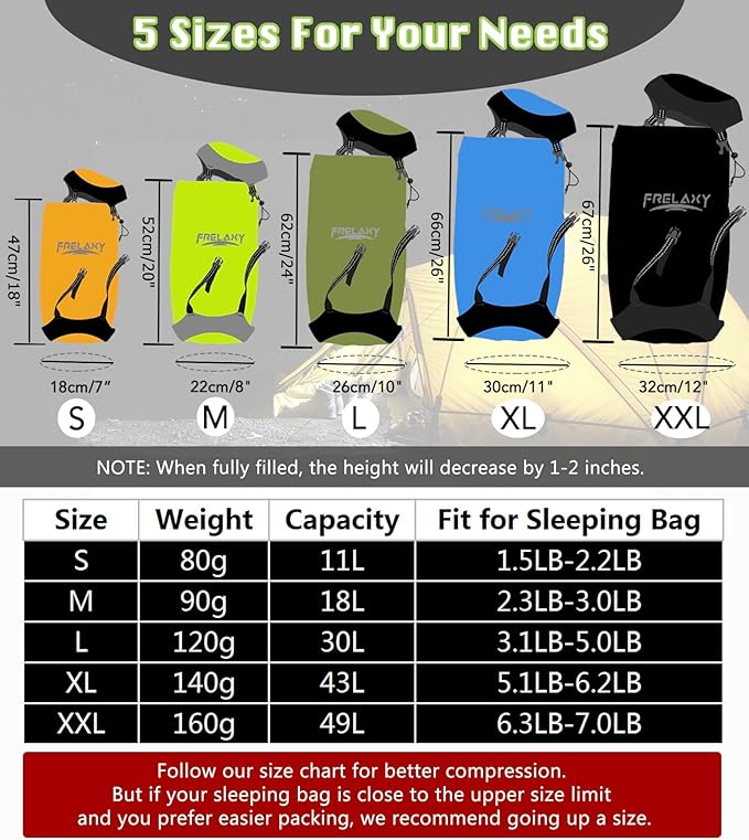 Frelaxy Compression Sack, 40% More Storage! 11L/18L/30L/45L/52L Compression Stuff Sack, Water-Resistant & Ultralight Sleeping Bag Stuff Sack - Space Saving Gear for Camping, Hiking