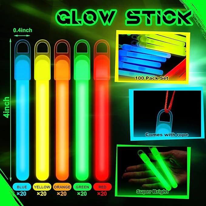Lewtemi 4" or 6" 100 Pack Bright Glow Sticks Bulk, Glow in The Dark Party Supplies Birthday and Holidays Party Favors