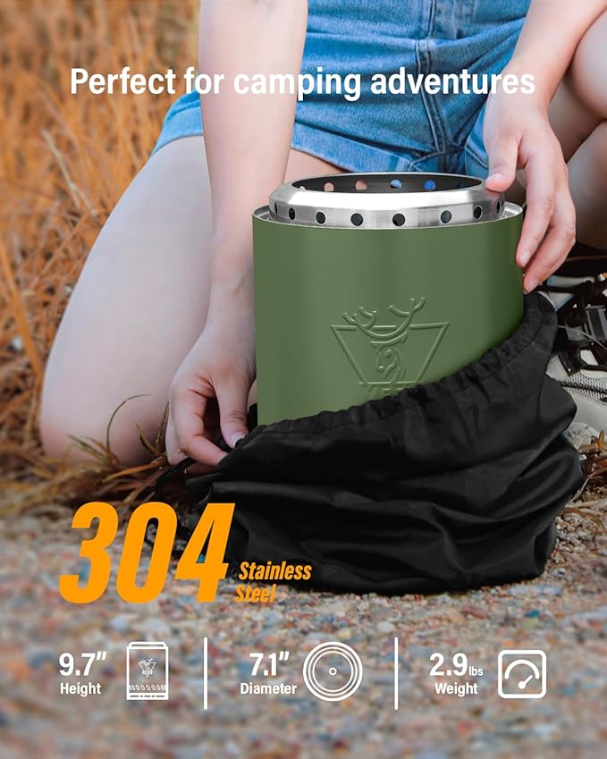 YEFU Tabletop Fire Pit 9.7 x 7.1 in, Flame Intensity Control Camping Stove for Outdoor & Patio, Fueled by Pellets or Wood, Safe Burning Table Top Firepit, with Travel Bag & 2 Mini Sticks, Green