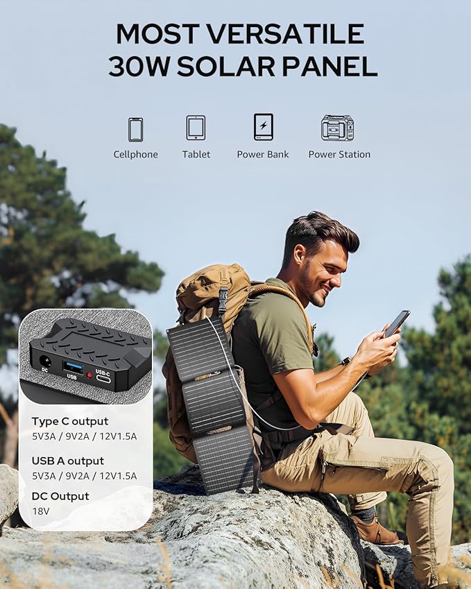 Apowking Portable Solar Panels 30W, Foldable Solar Panel Charger for Power Station, Cellphone, Laptop, Solar Panels with QC3.0 USB, Type C and DC 18V Output for Camping RV Trip