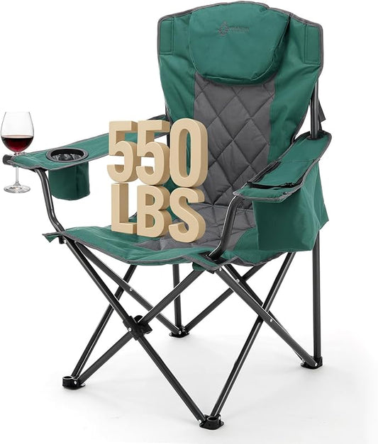 ARROWHEAD OUTDOOR Portable Folding Camping Quad Chair w/ 6-Can Cooler, Cup & Wine Glass Holders, Heavy-Duty Carrying Bag, Padded Armrests, Headrest & Seat, Supports up to 550lbs, USA-Based Support