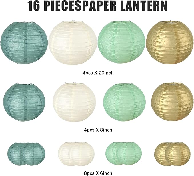 16PCS Colorful Lantern Lights, White Round Rice Paper Lamp Shades, Chinese/Japanese Paper Lantern Pendant Light for Party Decoration, Wedding, Home Decor