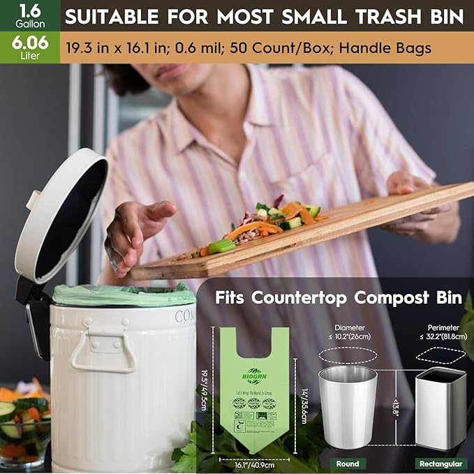 Compostable Trash Bags 1.2-1.6 Gallon with Handles 50 Count 0.6 Mil 6.06 Liter Heavy Duty Small Kitchen Food Scrap Waste Compost Bags for Countertop Bin ASTM D6400 & BPI Certified, OK Compost Home