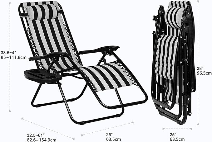 Nazhura Set of 2 Relaxing Recliners Patio Chairs Adjustable Steel Mesh Zero Gravity Lounge Chair Beach Chairs with Pillow and Cup Holder Khaki (Black/White Stripe)