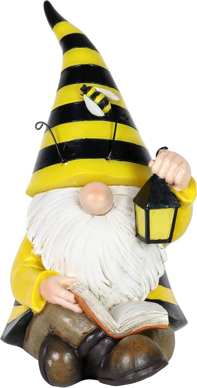 Exhart Solar Beekeeper Garden Gnome Statue, LED Hat, Lantern,Hand Painted Cute Yard Décor, 5.5" x9.5”