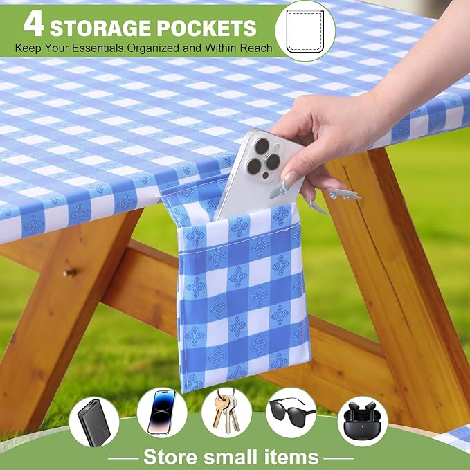 Fitted Picnic Table Cover with Bench Covers Waterproof Elastic Edges Rectangle Patio Tablecloth Outdoor Camping Essentials Stuff Rv Accessories Summer Trip Travel Supplies Party Camper Gifts, 8 ft