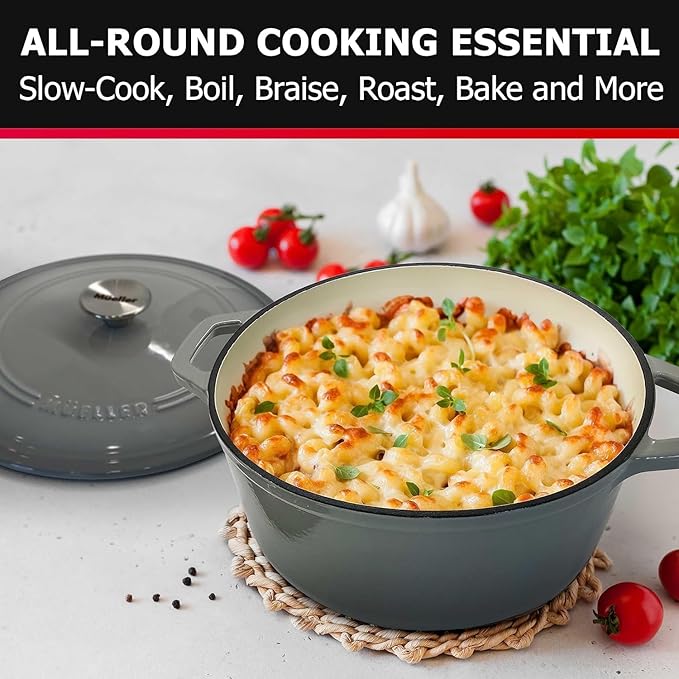 MÜELLERHOME 7.5 QT Enameled Cast Iron Dutch Oven, Heavy-Duty, Oven-Safe up to 500° F & Across All Cooktops, Casserole Dish and Braiser Pan with Lid and Stainless Knob, Grey