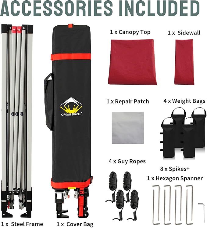 CROWN SHADES 10x10 Pop Up Canopy with 1 Side Wall - Beach Tent with One Push Setup - Outdoor Sun Shade for Events, Parties, Camping - Gazebo with STO-N-Go Cover Bag (Red)