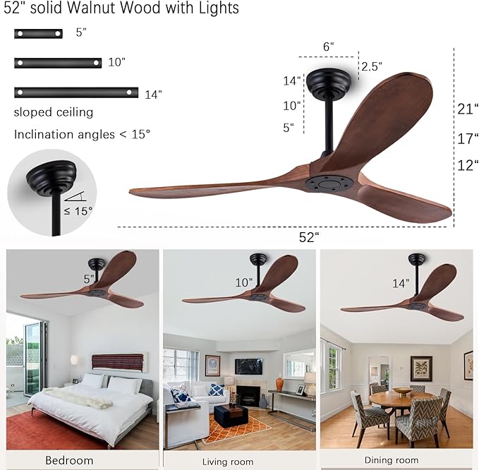 52" Wood Ceiling Fan No Lights with Remote Control,Wooden 3 Blades Ceiling Fans Without Light for Patio,Garage,Living Room,Bedroom,Office,Indoor/Outdoor(Black+Dark Walnut)