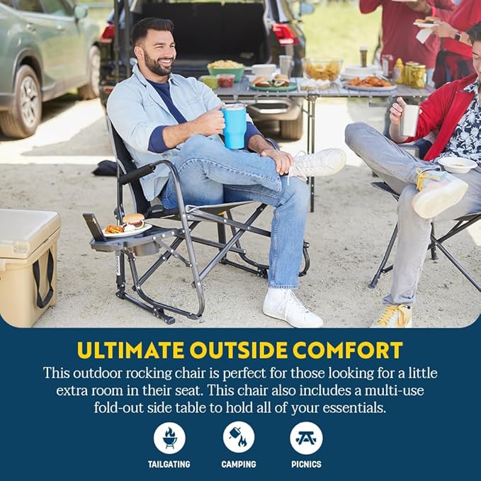 GCI OUTDOOR Freestyle Rocker XL with Side Table Camping Chair | Portable Folding Rocking Chair with Solid, Durable Armrests, Drink Holder & Comfortable Backrest — Red