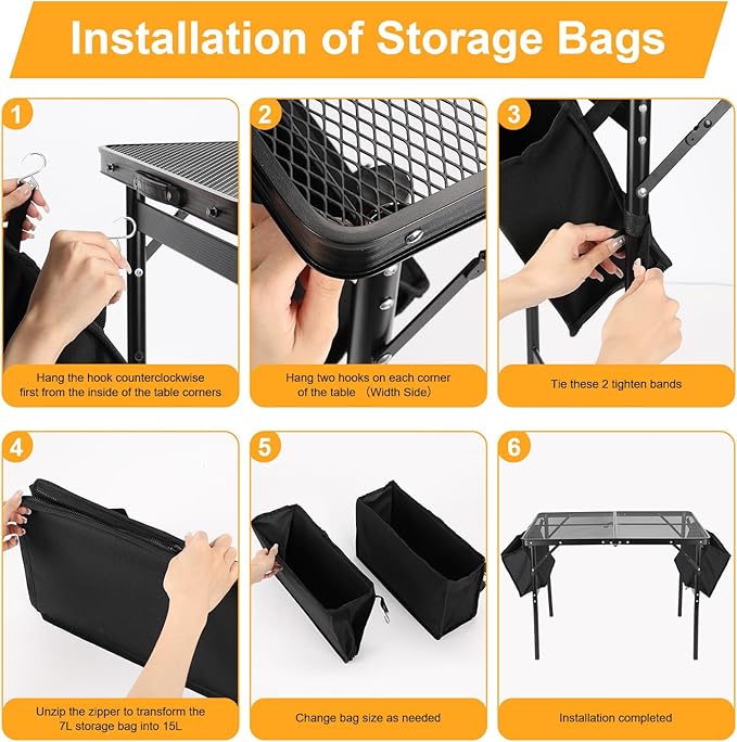 Camping Table 3FT Grill Table with 2×7/15L Storage Bag Foldable Folding Table Picnic Portable Stand Mesh 2 Height Adjustable Outdoor Card BBQ 35.4×23.6×26 inch