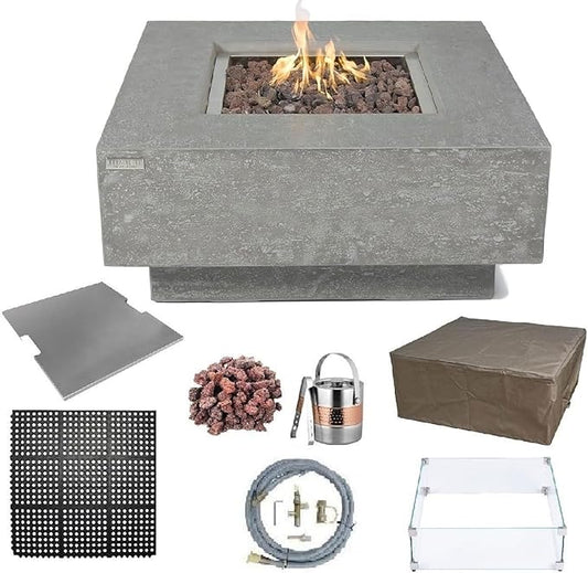 Elementi | Bundle Manhattan Gas Fire Pit Cast Concrete 36" Square Fire Table, Outdoor Fire Pit Electronic Ignition | Canvas Cover, Lava Rock Included | Light Gray (Natural Gas)