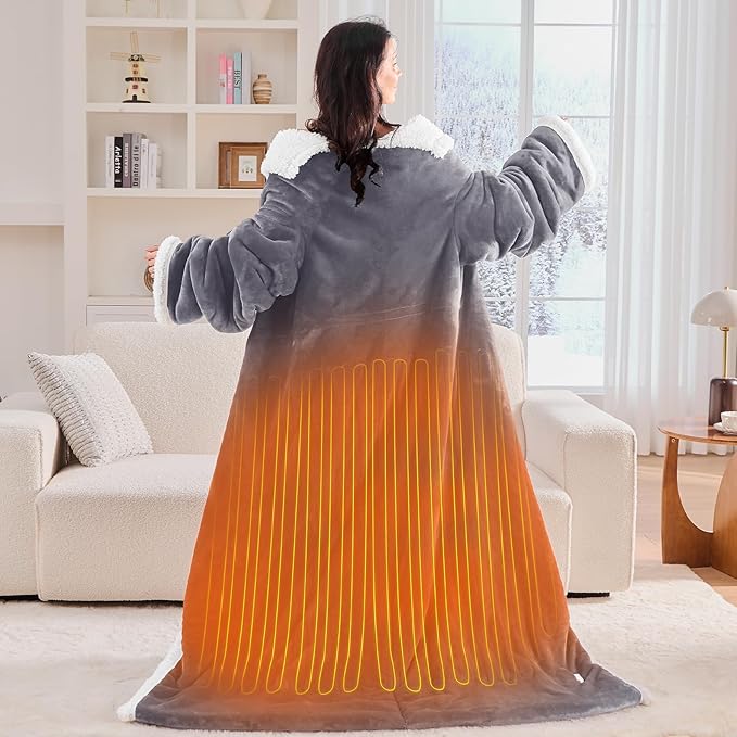 greenoak Wearable Heated Throw Blanke Electric Snuggle - Heated Robe with Foot Pocket for Adult, Winter Gifts for Mom Women 5-Position Timer 10-Heating Levels,50 * 70",Grey
