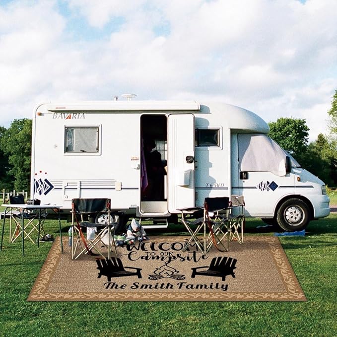 Custom Camping Rug Welcome to Our Campsite RV Trailer Decor Camper Floor Mat for Outdoors, Patio, Backyard, Picnic, Beach, Camping, 48 x 72 Inch (20 RV Optional)