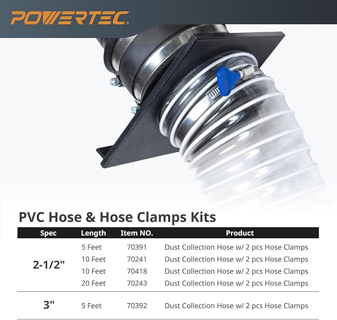 POWERTEC 4" x 5' Dust Collection Hose with 2pcs Key Hose Clamps for Table Saw, Band Saw, Planer, Jointer, Woodworking and Wood Shop Dust Collection System (70393)