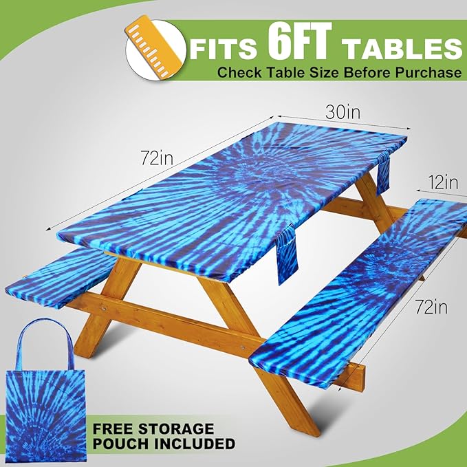 Fitted Picnic Table Cover with Bench Covers Vinyl Waterproof Elastic Edges Fitted Rectangle Tables Patio Tablecloth Camping Gear and Essentials Rv Accessories Road Trip Supplies Car Travel Must Haves