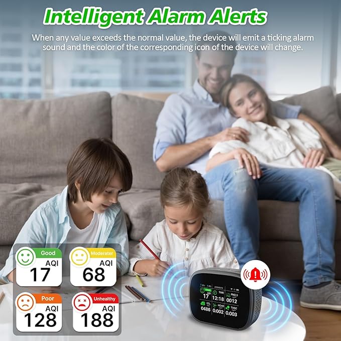 18-in-1 Smart Air Quality Monitor - Indoor WiFi Air Quality Detector with Dual Chip, Real-Time for AQI, CO2, PM2.5, PM1.0, PM10, TVOC, HCHO, Time Display, Temperature & Humidity with APP (Black-Black)