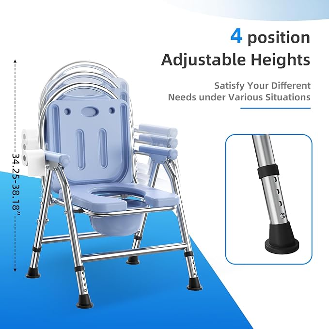 4 in 1 Folding Bedside Commode Chair for Elderly with Arms and Back,Adjustable Height Raised Toilet Seat with Handles,Adults Potty Chair for Seniors,Disabled,Holds Up to 350 lbs (ABS Plastic Seat)