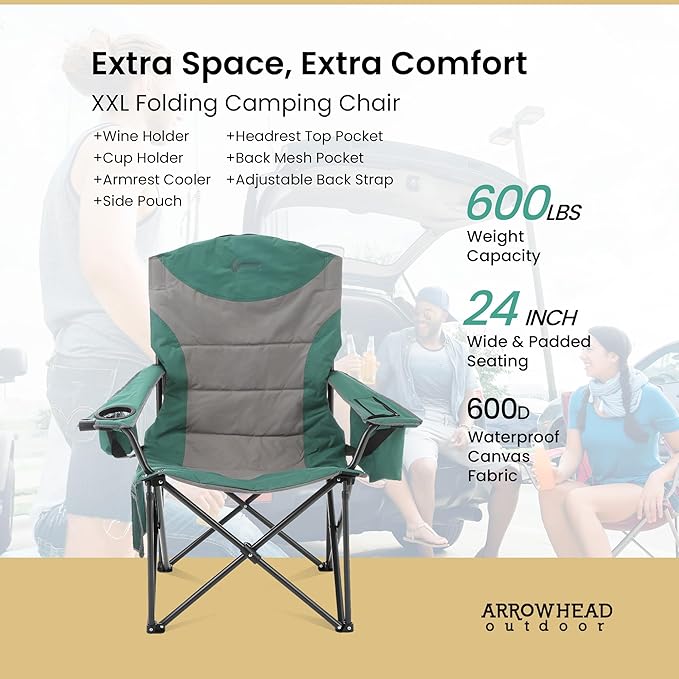ARROWHEAD OUTDOOR 2-Pack Oversized XXL Portable Folding Camp Chair w/Glass & Cup Holders, Armrest Cooler, Heavy Duty Carry Bag, 600 lbs Weight Capacity