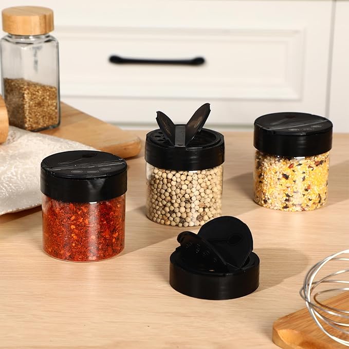 50 Pack 4.7 oz Plastic Spice Jars with Black Cap Empty Clear Plastic Spice Bottle Containers Reusable Seasoning Jars with Shaker Lids for Kitchen Storing and Dispensing Salt Powders