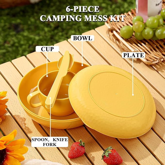 Berglander Camping Mess Kit with Bowl, Plate, Cup, Spoon, Fork, Knife and Carry Bag, Save Space, Easy to Carry, Plastic Camping Essentials Utensils for Travel, Picnic, Outdoor (Gold Yellow)