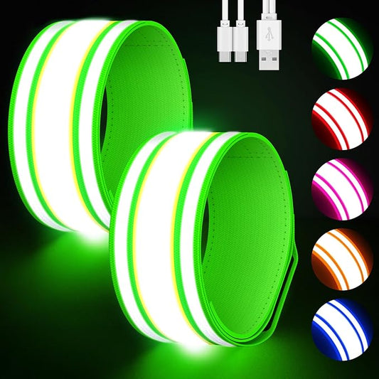LED Armband for Running 2 Pack, 5 Colors 3 Lights Modes Rechargeable Reflective Light Up Arm Bands, High Visibility Reflective Gear for Running Walking Cycling at Night (Green)